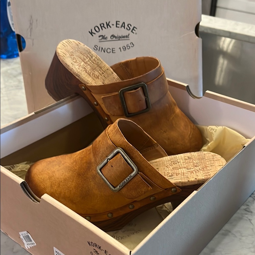 Kork-Ease Tan Leather Buckle Clogs